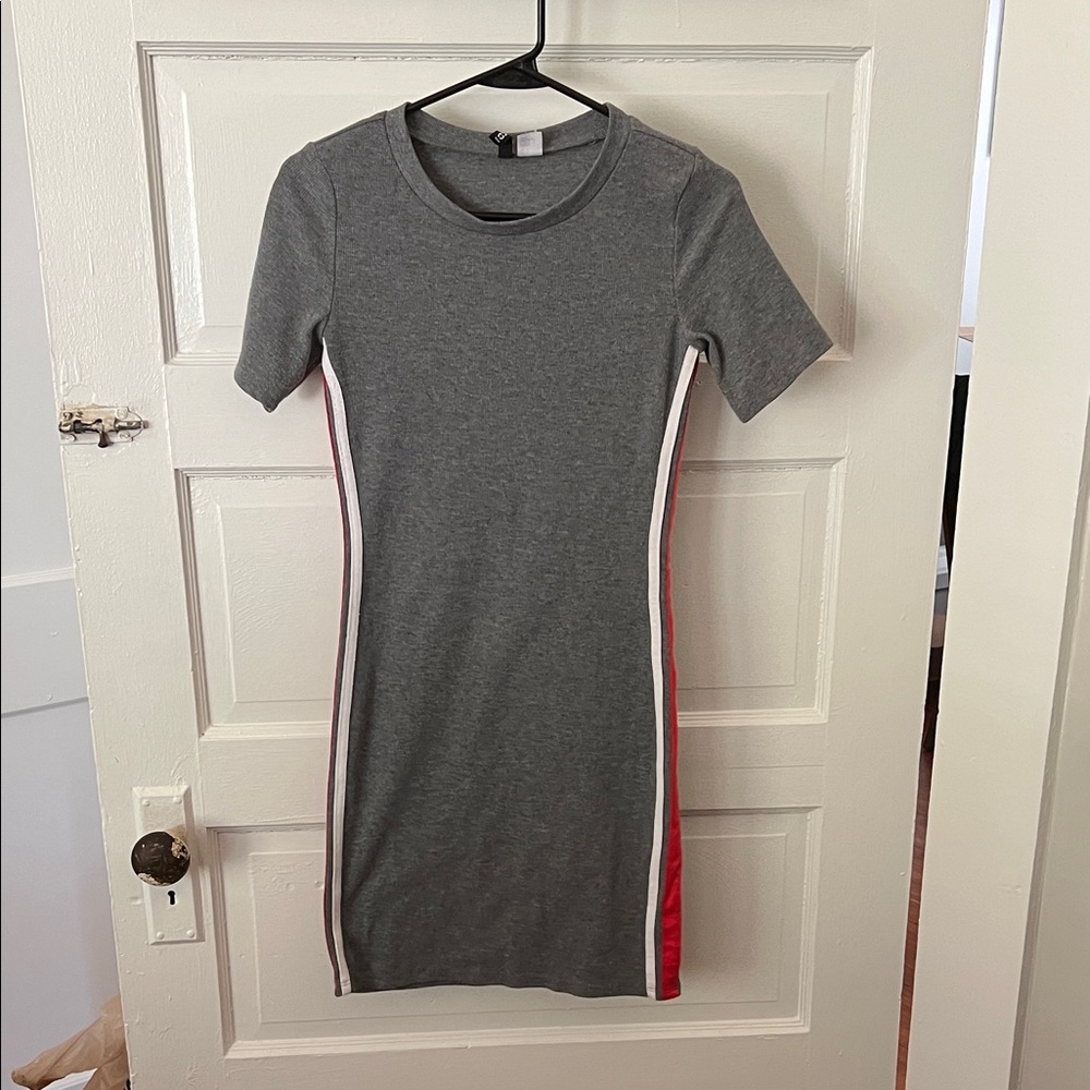 Divided Gray Mini Dress with Red and White Stripes